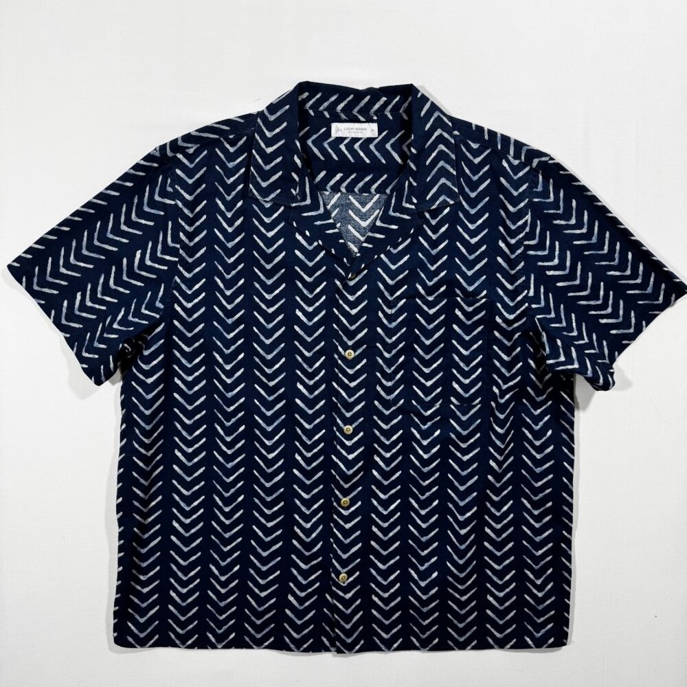 Lucky Brand Men's Camp Collar Shirt Short Sleeve Chevron Navy Canvas XL Casual
